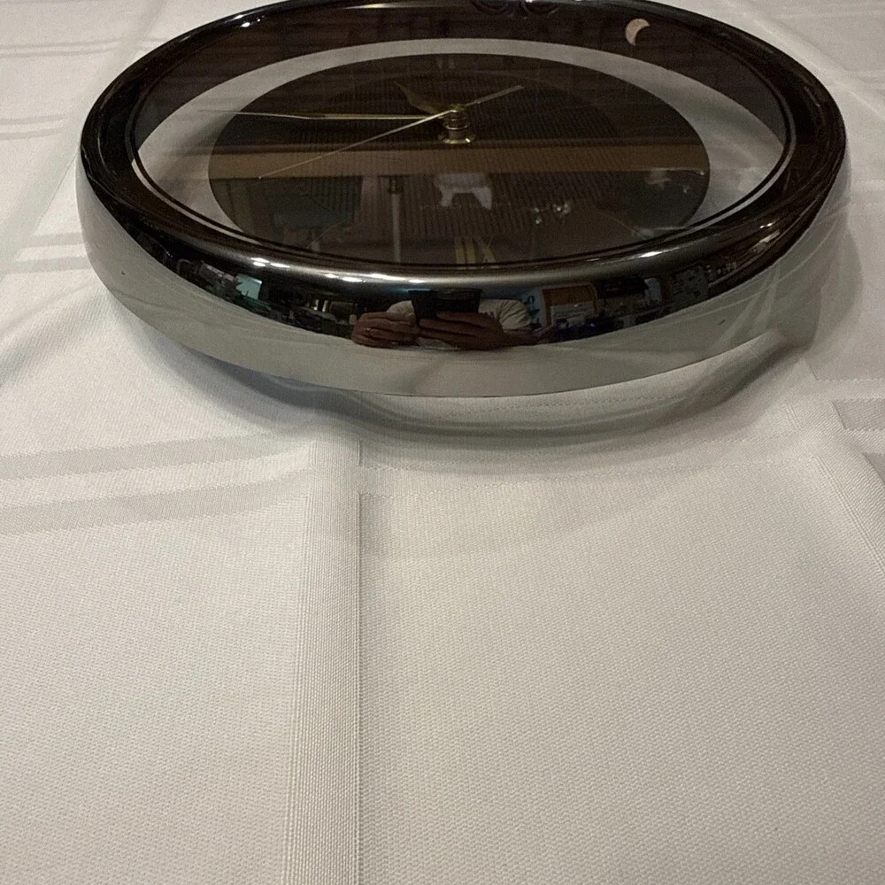 Vintage 1980s Heirloom Quartz Wall Clock Clear Lucite Floating Oval Black Gold